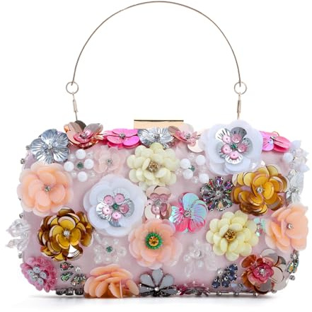 OPLERT Borsa da Sera con Fiori Donna, Pochette Elegante con Perline e Paillettes, Borsetta con Catena per Matrimonio