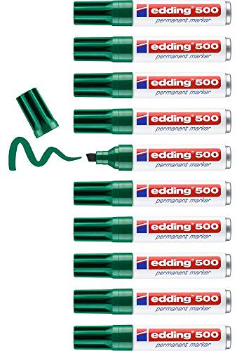 edding 500 Marqueur permanent - vert - 10 stylos - pointe biseautée 2-7 mm - sèche vite, résiste à l'eau et aux frottements - pour carton, plastique, bois, métal, verre