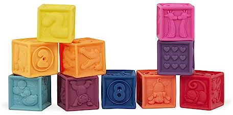 B. toys Baby Spielzeug Stapelturm, weiche Bausteine, Bauklötze Motorikspielzeug, Lernspielzeug, Spielwürfel mit Zahlen und Tieren ab 6 Monaten, 10 Teile