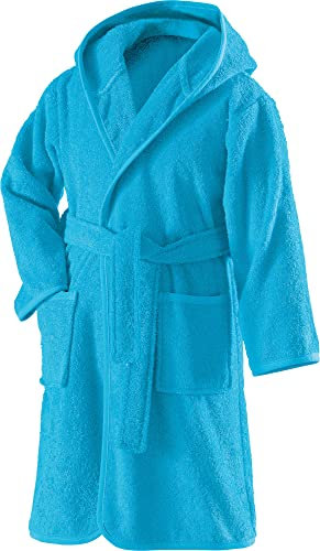 Erwin Müller Kinder-Bademantel mit Kapuze uni Frottier türkis Größe 98/104 - weich, flauschig, saugstark, mit Bindegürtel und Taschen, 100% Baumwolle (weitere Farben, Größen)