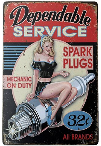 Dependable SERVICE SPARK PLUGS Tin Sign Vintage Style Wall Ornament Coffee & Bar Decor, Size 8 X 12