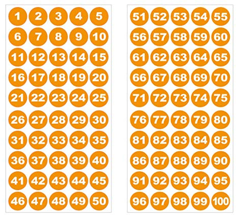 Runde Zahlenaufkleber 1-100, Vinyl - 30mm - weisse Zahlen auf orange
