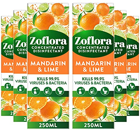 Zoflora Mandarin & Lime 6pc x 250ml, Concentrated 3-in-1 Multipurpose Disinfectant Kills 99.9% of Bacteria & Viruses