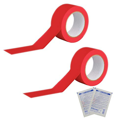 DEWEPRO 2 Stück ROCOL® EasyTape™ Markierungsband in Rot 50mm x 33m - hoch belastbares, selbstklebendes PVC-Band - inkl. 2 Stück SingleScrubs Reinigungstuch