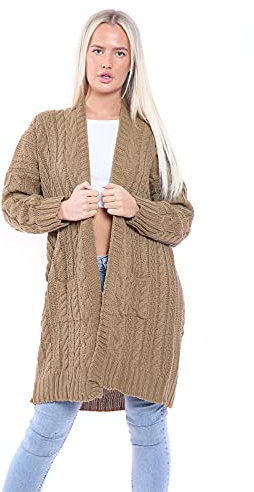 H&F ® New Women Ladies Long Sleeve 2 Side Pocket Chunky Cable Knitted Oversize Baggy Open Boyfriend Cardigan Size-16-18 20-22 24-26 (Camel, 24-26)