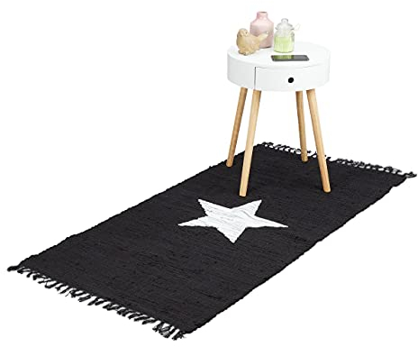 Relaxdays Flickenteppich 70 x 140 cm mit Sternmotiv aus 100% Baumwolle, Fransen, Fleckerlteppich, schwarz