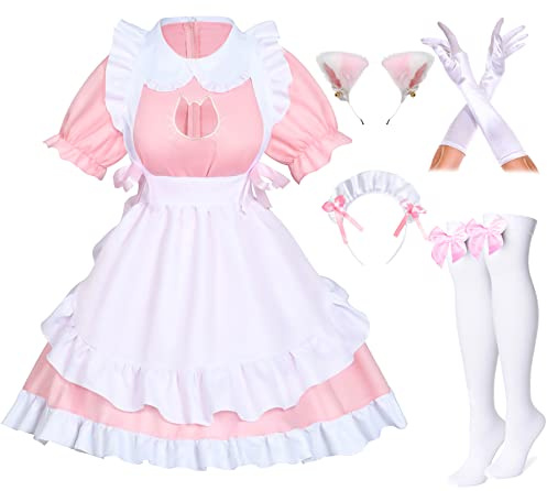 Wannsee Anime French Cat Maid Apron Fancy Dress Cosplay Costume Headwear Gloves Socks Set(Pink 3XL)