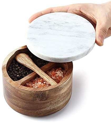 8SOM Acacia Salt and Pepper Box with Marble Lid and Embedded Spoon, Well-sealed Dust Lid, Salt Cellar Bowl Container Keeper to Storage Pepper Spice Herb Sea Salt, Dual 5 Ounce Capacity