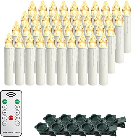 Froadp 40 Stück Mini Weihnachtsbaumkerzen Kabellose mit Timer, Fernbedienung & Clips Warmweiß LED Kerzen Satz Christbaumkerzen Dimmbar Baumkerzen Dekoration für Weihnachten (ohne AA Batterie)