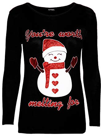 Fashion Star Womens Xmas Pullover Long Sleeve Basic Christmas Printed Casual T Shirt You're Worth Melting Black Plus Size (UK 16/18)