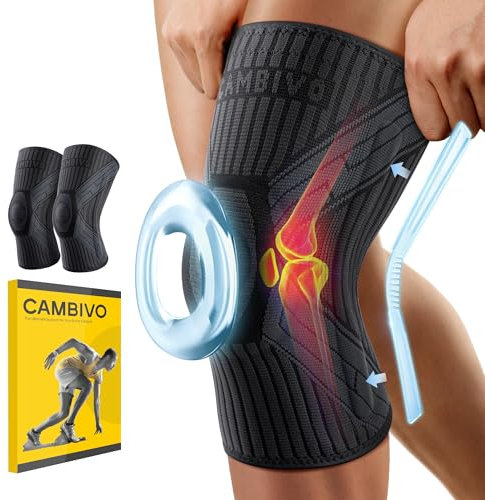 CAMBIVO 2 Pack Knee Support Men 2.0 Pro, Knee Brace Women Compression Sleeve with Side Stabilizers Patella Gel Pad for Weight Lifting, Squats, Sports