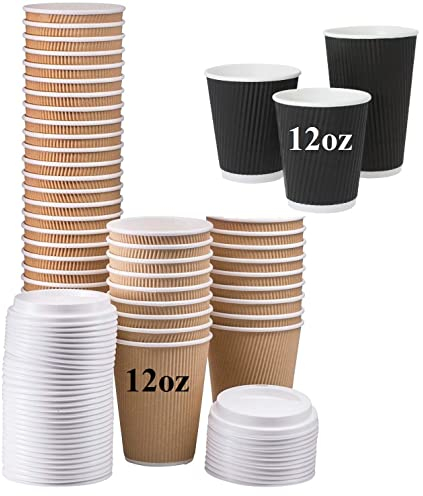 A406 100 Disposable Coffee Cup Ripple Cups Disposable Paper Cups for hot Drink Black Insulated Paper Cup with Lids 12oz (12oz, Brown)