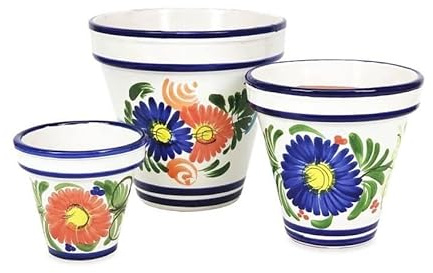 Verano Spanish Ceramics Outdoor Living Terracotta Hand Painted Floral Classic Pots - Decorative New Home Garden Yard Patio Décor Gardening Herb Flower Plant Pots - Set of 3-16x14, 23x22, 29x27cm