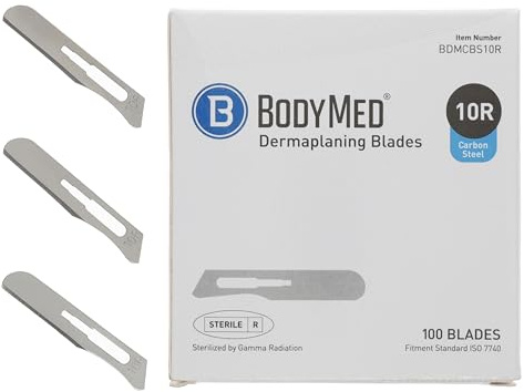 BodyMed Lames de dermaplaning #10R en acier au carbone, 100 pièces – stériles pour chirurgie, soins de la peau, épilation et podologie avec pointe arrondie pour esthéticiennes