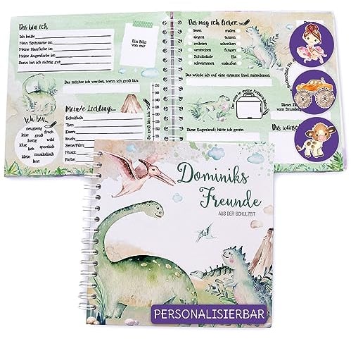 Feenstaub Freundebuch Grundschule, Erinnerungsalbum personalisiert mit Namen, Schulfreundebuch, Freundschaftsbuch Schule, Dino Freundealbum für Schulkinder, Geschenk Einschulung