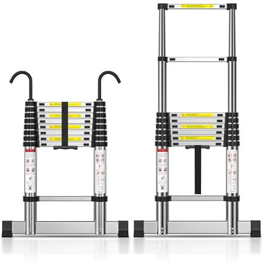 TECKNET Telescopic Ladder 2.6M/8.5FT, Max Load 150kg/330lbs, Aluminium Extension Ladder with Stabilizer Bar & Detachable Hooks, Multi-Purpose Ladder for Home & Outdoor Work Loft Roof Attic RV, EN131
