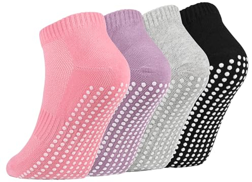 Newofview 4 Paar Stoppersocken für Damen Herren, Yoga Socken Antirutschsocken Rutschfeste Socken Grip Socken für Ballett, Pilates, Krankenhaus, Fitness (Baumwolle, Mehrfarbig A)