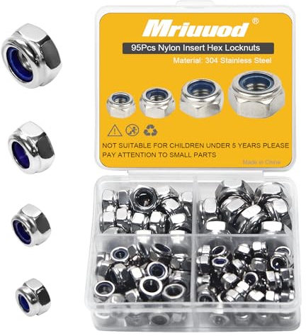 Mriuuod Locknuts Assortment Kit 95PCS Metric M4x0.7mm M5x0.8mm M6x1.0mm M8x1.25mm 304 Stainless Steel Self-Locking Nylon Insert Bolt Fasteners Set