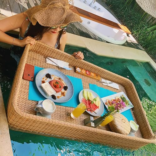 Rechteckiges Rattan-Tablett für Pool-Strandparty,Getränke-Floats-Tablett für Pool,handgefertigte Lebensmittel-Schwimmplatte für Pool-Strandparty (Farbe: Beige,100 x 50 x 15 cm)
