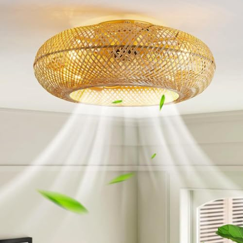 Ventilatore Da Soffitto In Bambù Retrò Con Illuminazione E Telecomando Plafoniera Silenzioso Luce Soffitto 6 Velocità Sospensione Reversibile Vintage Rattan Camera Letto Soggiorno Sala Pranzo Cucina
