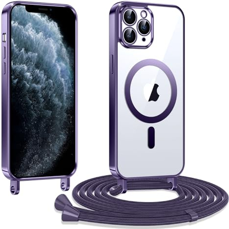 Kokio Handykette Hülle für iPhone 11 pro mit Band, Magnetische Transparent Handyhülle Kompatibel mit MagSafe, Kratzfeste Stossfest Schutzhülle mit Einstellbar Kette,Lila