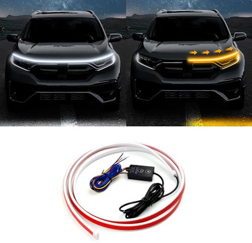 CLEEROUTION Universal LED Tagfahrlicht 150cm-200cm Schneidebare Flexible Waterproof Streifen Start Up Hoodbeam Kit Scan Starting Car Hood Light Strip Motorhaube Lichtstreifen 15V Weiß&Gelb 180CM