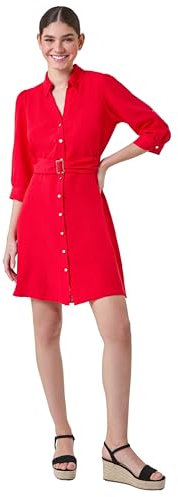 Roman Shirt Dress for Women UK Ladies Short Sleeve Sleeveless Belted Collared Midi Maxi Summer Spring Smart Casual Button Evening Office A Line Swing Skater - Bright Red - Size 18