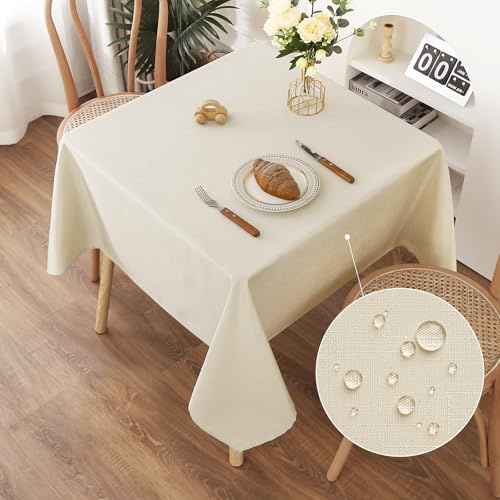 AooHome Tischdecke Abwaschbar, Beige Tischdecken 140x140cm Leinen-Optik Tischtuch aus Polyester Wasserabweisend mit Lotuseffekt, Dauerhaft Kratzfest für Wohnzimmer, Esszimmer, Balkon, Garten
