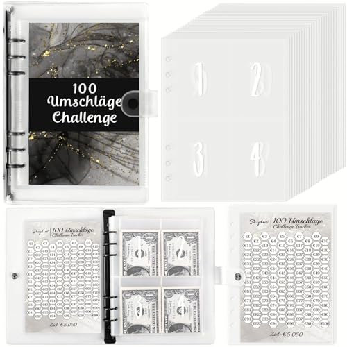 SKYDUE Ringbuch A5, 100 Envelope Saving Challenge Deutsch, A5 Budgetplaner Mit Challenge Tracker & Pre-numbered Taschen, Einfach Und Spielerisch Sparbuch Für Geld Challenge (Schwarz)