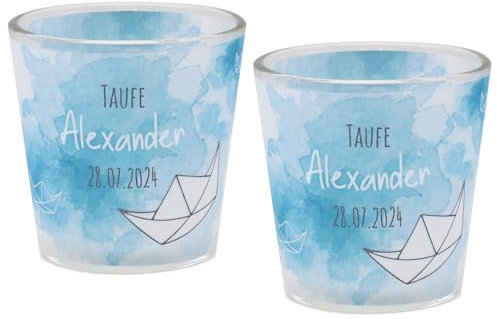 ZauberDeko Windlicht Banderole Papierboot Taufe Kommunion Geburtstag PERSONALISIERT 7,5cm H, Menge:2 Stück