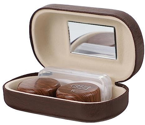 PLAFOPE Portable Contacts Box and Eye Case Double Compartment Leakproof Large Diameter Vintage Leather Wood Grain Storage Holder for Travel and Daily Use in Dark Brown