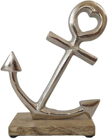 Generisch Deko Figur Anker Nautik Metall Silber Holz Sockel Dekoobjekt Skulptur Statue