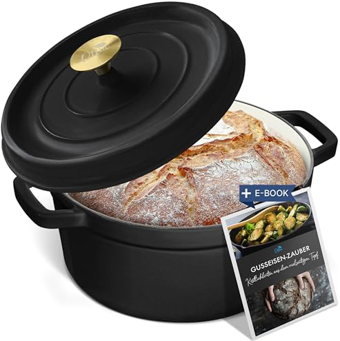 OTTIA Gusseisen Topf, 3fach Emaille, 26cm groß, 5 Liter mit eBook. Bräter, Cocotte, Schmortopf mit Deckel, für Induktion, alle Herde, Ofen, emailliert, Brottopf, Brotbacktopf. Aus Hamburg