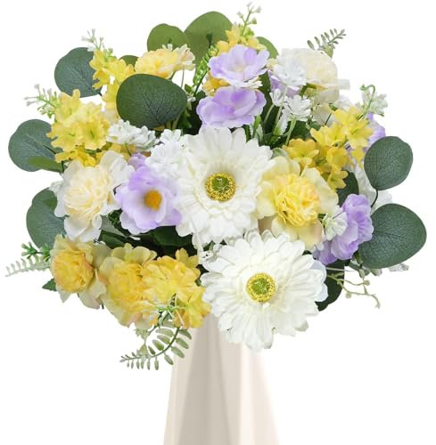 Zythrem Artificial Yellow Flowers Bouquet Silk Mix Daisies Carnations Hyacinths Faux Spring Flowers Fake Artificial Spring Bouquet for Wedding Party Home Hotel Garden Grave Flower