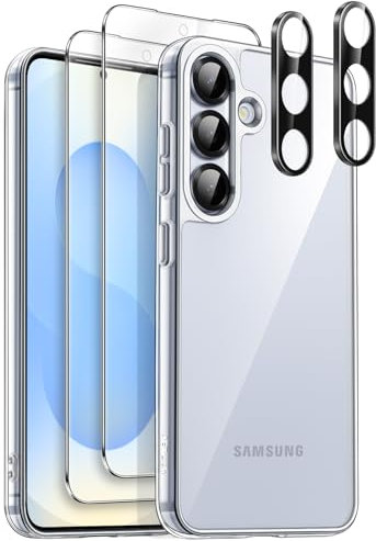 JETech 5 in 1 Hülle für Samsung Galaxy S25 5G mit 2 Stück Jeweils Gehärtetes Glas Schutzfolie und Kameraschutz, Nicht Vergilbende Stoßfest Stoßfänger Handyhülle (Durchsichtig)