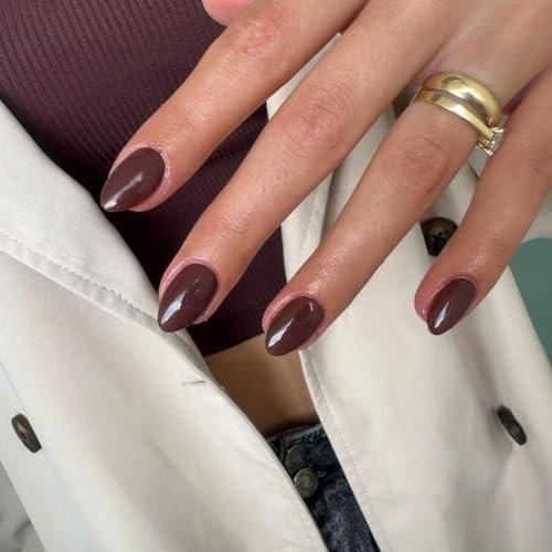 SXVME Dark Brown False Nails Short Oval, Simple Acrylic Press on Nails Short, Brown Fake Nails Natural Fit Solid Gel Full Cover Almond Acrylic Nails For Women Daily Wear