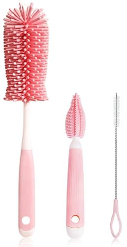 Goupillon Biberon Silicone 3 en 1, Brosse Biberon Bébé, Tétine et Paille, sans BPA, Durable et sans Rayures, pour Toutes Les Tailles de Biberons, Convient pour Verre/PPSU/PP/Silicone, (Rose)