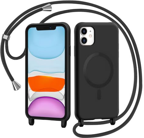 AOMYKE Handyband für iPhone 11 Hülle mit Band, Magnetisch Handyhülle kompatibel mit Magsafe zum Umhängen Schutzhülle mit Kette Kordel Weich TPU Liquid Silikon Case,Schwarz
