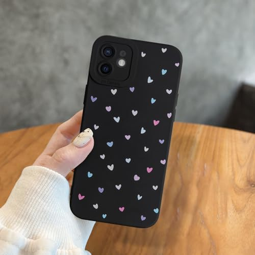Potok Black Cute Heart Phone Case for iPhone 12, Colorful Heart Pattern Girly Phone Case for Women, Soft TPU Slim Girly Cute Protective Cover for iPhone 12