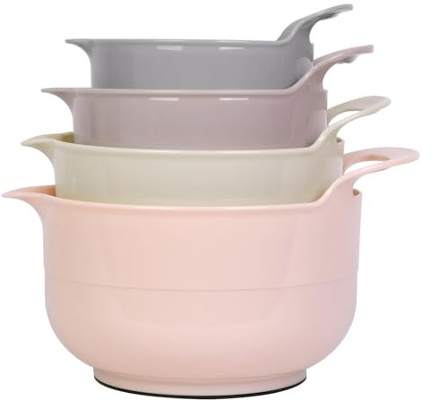 BoxedHome 4er Pack Rührschüssel mit Griff und Ausgießer, BPA-frei, mikrowellen- und spülmaschinenfest (Khaki, 4er Pack mit Griff)