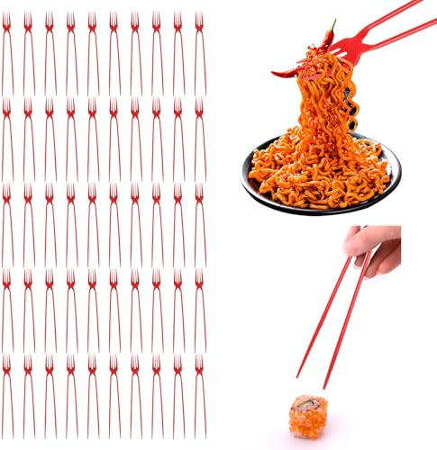 50 Piece Chopstick Fork, Plastic Fork Combo, Training Chopsticks for Adults, for Outdoor Camping Picnic (Red)