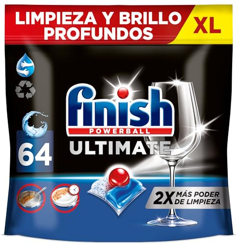 Finish Powerball Ultimate All in 1 Pastillas lavavajillas - 64 pastillas | Combaten las manchas resecas, otorgan limpieza profunda y eficaz. Protegen tu cristalería, Detergente para lavavajillas