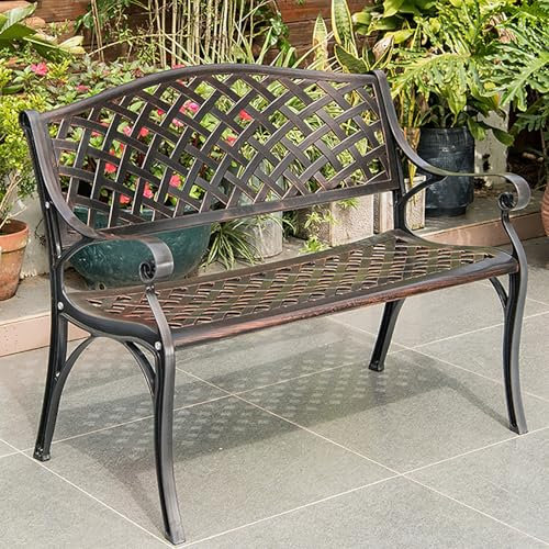 PQXQZ Gartenbank Wetterfest 99cm Gartenbank Metall Sitzbank Garten mit Rückenlehne für Veranda Rasen Balkon Garten und Innenbereich(Brown)