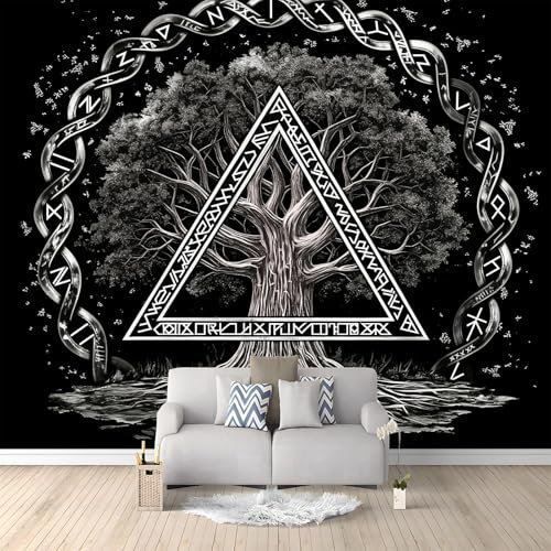 Papier Peint Intissé Rune Arbre Vie Métal 250 x 175 CM (L x H), Papier Peint Panoramique Tableaux Grandes poster Muraux Tapisserie Photo Fond TV Décoration Murale Salon Chambre - style viking