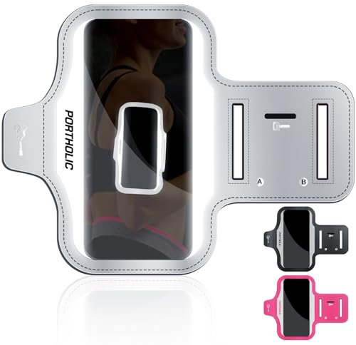 PORTHOLIC Brazalete Running con Bandas Reflectantes, Funda Deportiva Impermeable para iPhone 16/15 Pro Max/11/XS y Galaxy S25/S24 Ultra + Ranura Tarjetas, Soporte Auriculares y Correa Extensible