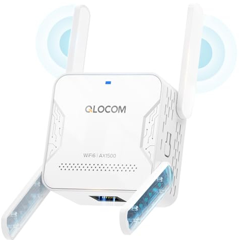 QLOCOM 2025 Newest AX1500 WiFi Extender Booster Blazing-Fast WiFi 6 1500Mbps WiFi Booster Range Extender Dual Band 5.8GHz & 2.4GHz Wireless Internet Booster, 3600 Sq.Ft Coverage, Ethernet Port