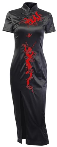 DINGJIUYAN Robe Qipao pour Femmes Dragon Gothique Vintage Élégante Noire Harajuku Dentelle Taille Haute Fendue Robes Esthétique Mince Costume de Fête, M