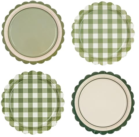 EVYIENEN 48Pcs Gingham Paper Plates 7 Inch Disposable Scalloped Disposable Dessert Plates for Picnic Wedding Birthday Baby Shower Party Supplies-4 Colors (Sage Green)