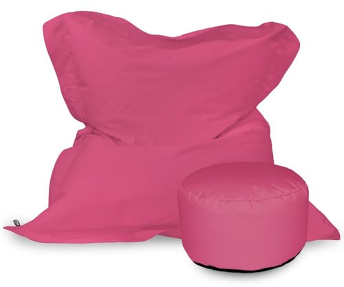 rucomfy Beanbags Giant Indoor/Outdoor Squashy Squarbie Bean Bag. Use as Cushion, Chair or Lounger. Water & UV Resistant 170 x 130cm (Pink, With Footstool)