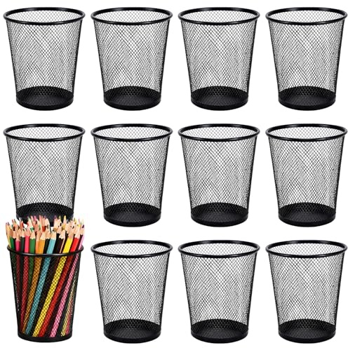 Yeqqzq 12 Pack Metal Pen Holder Mesh Pencil Holder, Black Pen Holder Cup for Desk, Black Wire Mesh Pencil Cup Holder for Desk Office Pen Organizer